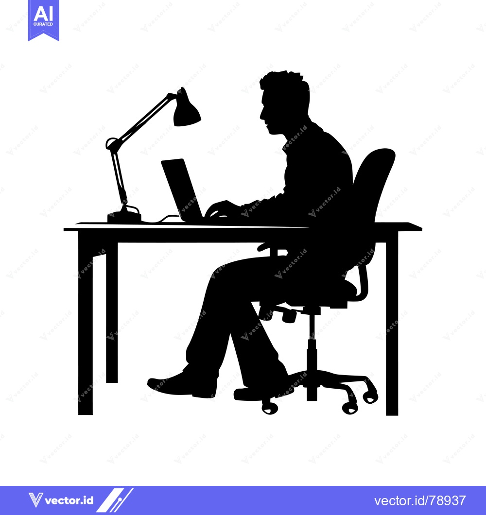 Premium Vector of Silhouette of a Man Working at a Desk with a Laptop and Desk Lamp