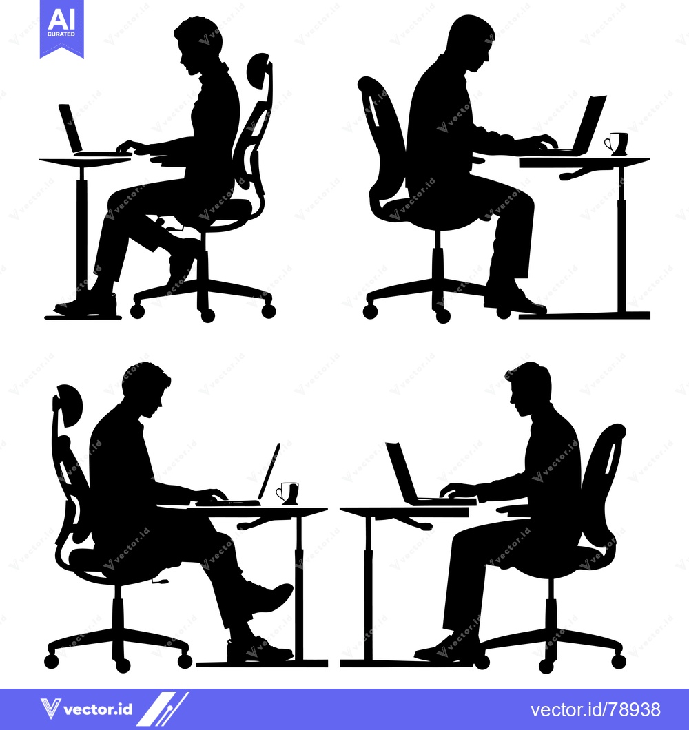 Premium Vector dari Four Silhouettes of People Sitting at Desks with Laptops
