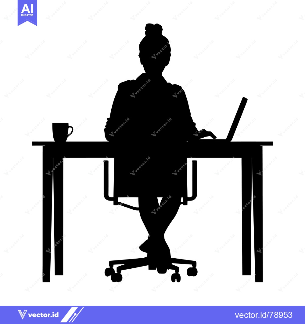 Premium Vector dari Silhouette of a Woman Working at a Desk with a Laptop and Coffee Mug