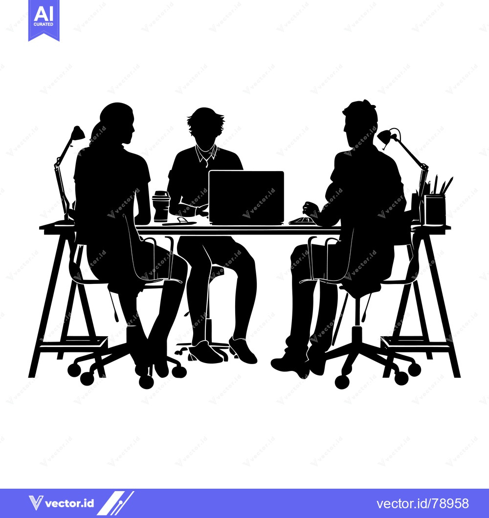 Premium Vector dari Three Silhouettes of People Sitting at a Desk with a Laptop