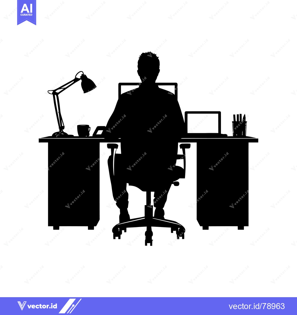 Premium Vector dari Silhouette of a Person Sitting at a Desk with a Lamp, Cup, and Pen Hol