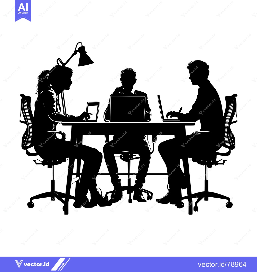 Premium Vector of Three Silhouettes of People Sitting at a Desk Using Laptops and Tablet