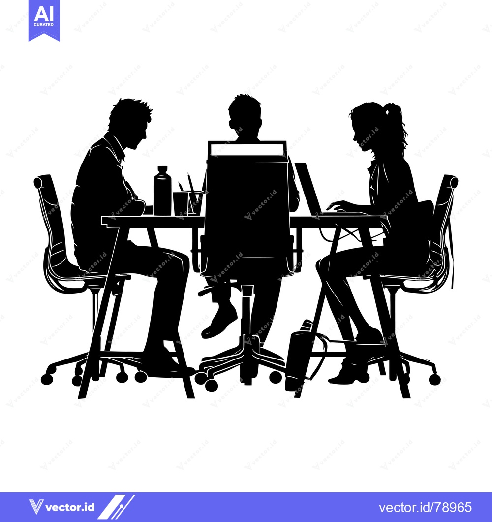 Premium Vector dari Silhouette of three people sitting at a table with laptops and chairs