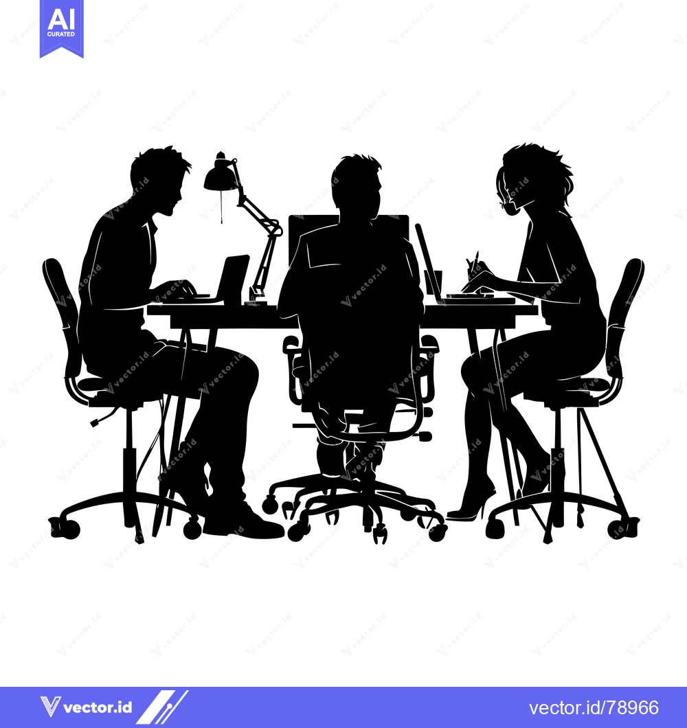 Premium Vector dari Silhouettes of three people working at a desk with laptops and a desk