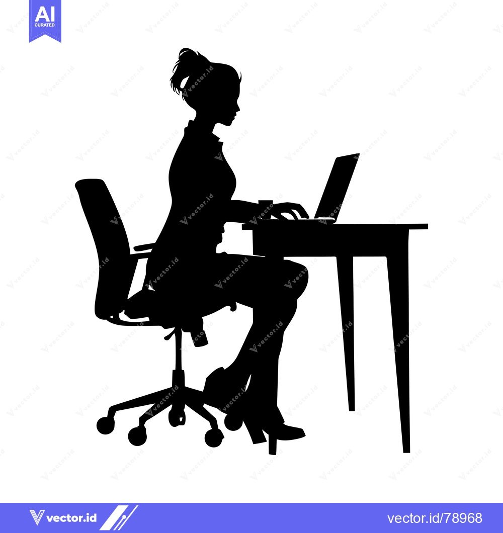 Premium Vector dari Silhouette of a Woman Sitting at a Desk and Using a Laptop