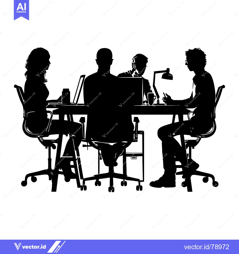 Premium Vector dari Four Silhouettes of People Sitting at a Desk with Laptops