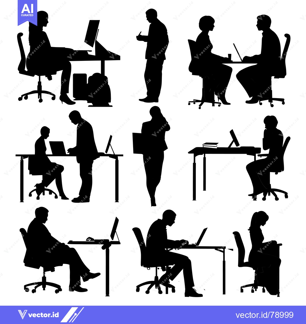 Premium Vector dari Black and White Silhouettes of People Working at Desks and in Office E