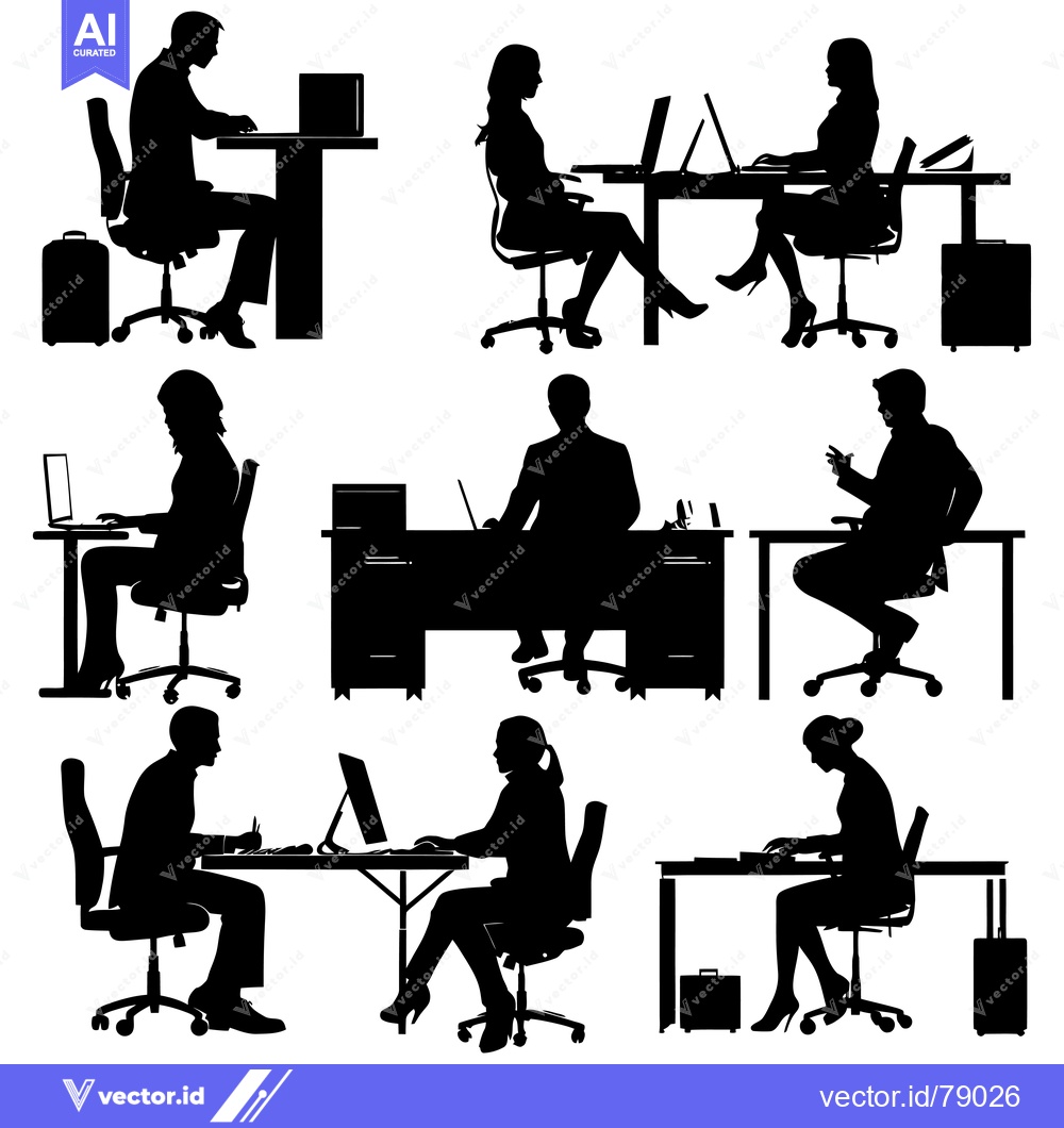 Premium Vector of Seven Silhouettes of People Working at Desks in an Office