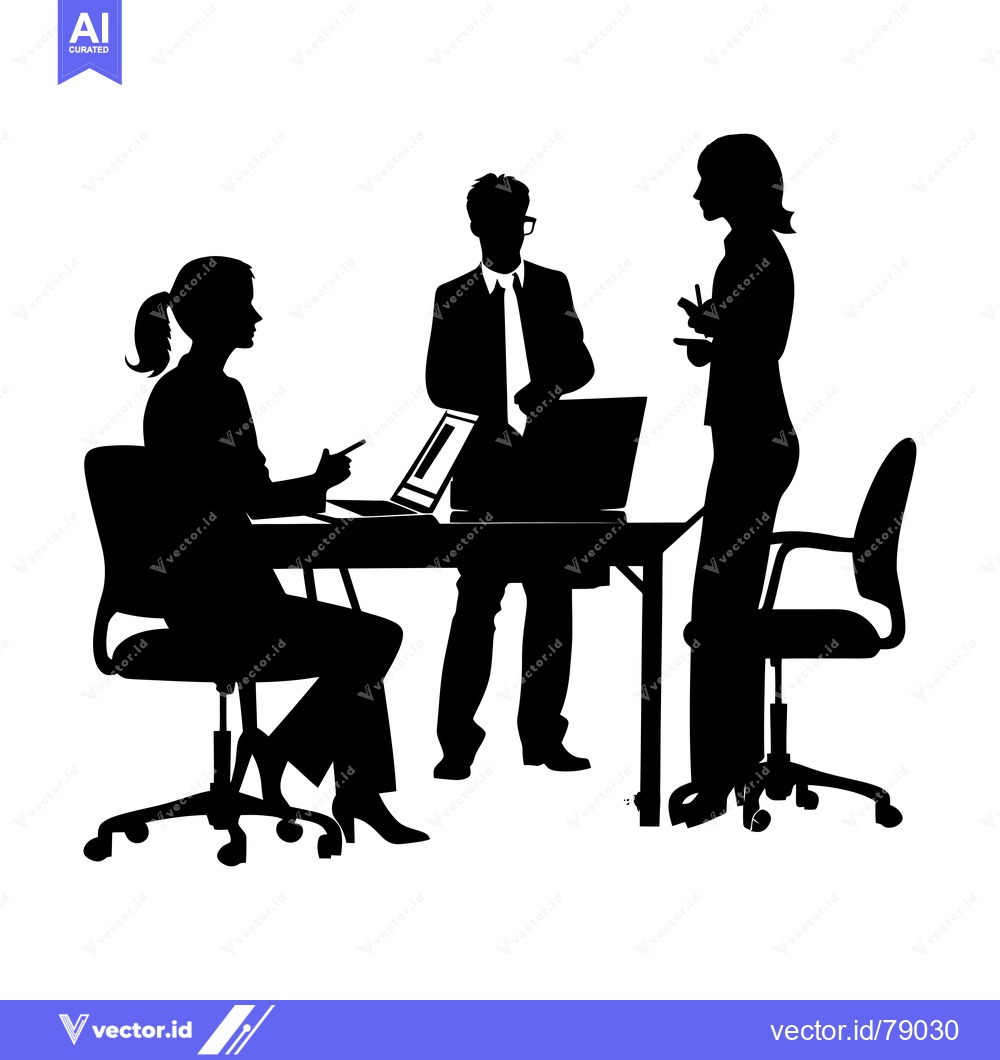 Premium Vector of Silhouette of three business people in a meeting at a table with lapto
