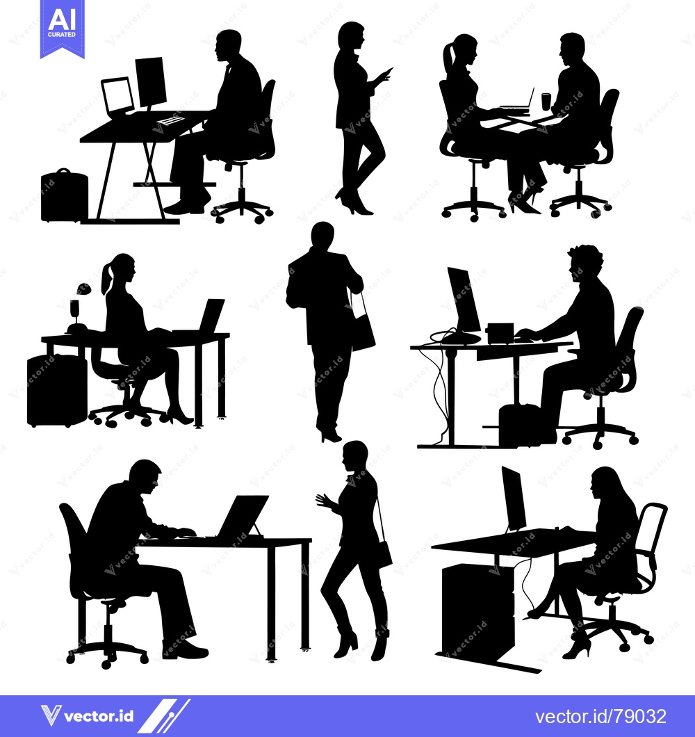 Premium Vector dari Black Silhouettes of People Working in an Office Setting
