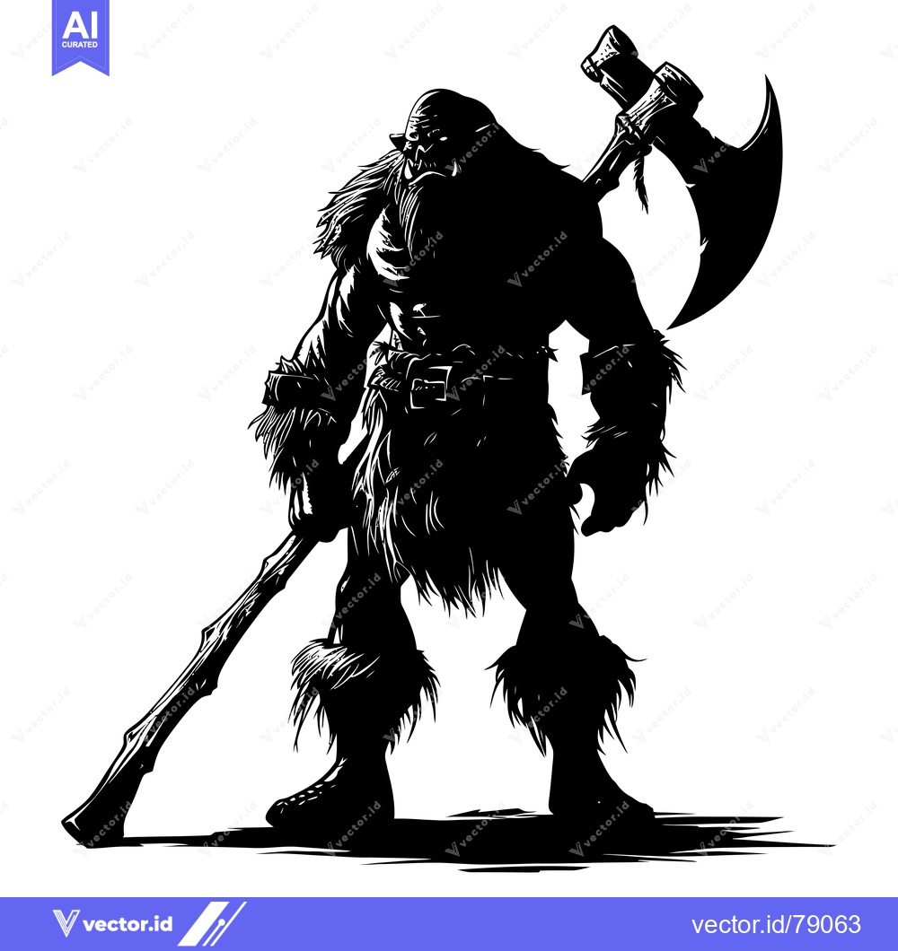Premium Vector of A Black and White Silhouette of a Furry Orc Holding a Large Axe