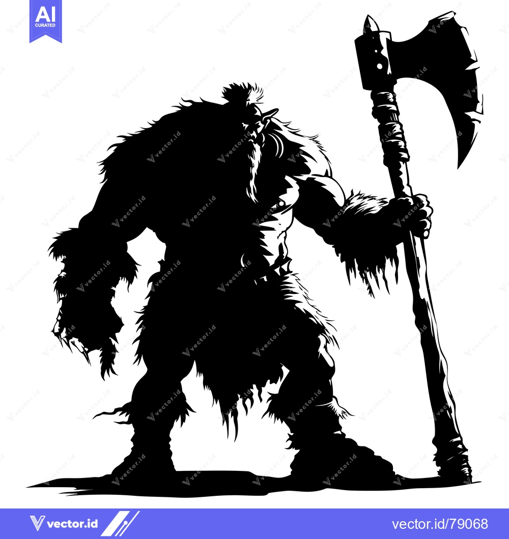 Premium Vector of Silhouette of a Muscular, Bearded, and Furry Warrior Holding a Large A