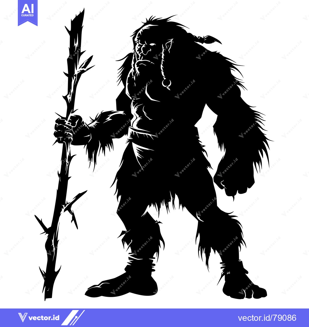 Premium Vector dari Silhouette of a Large, Muscular, Furry Creature Holding a Spiky Stick