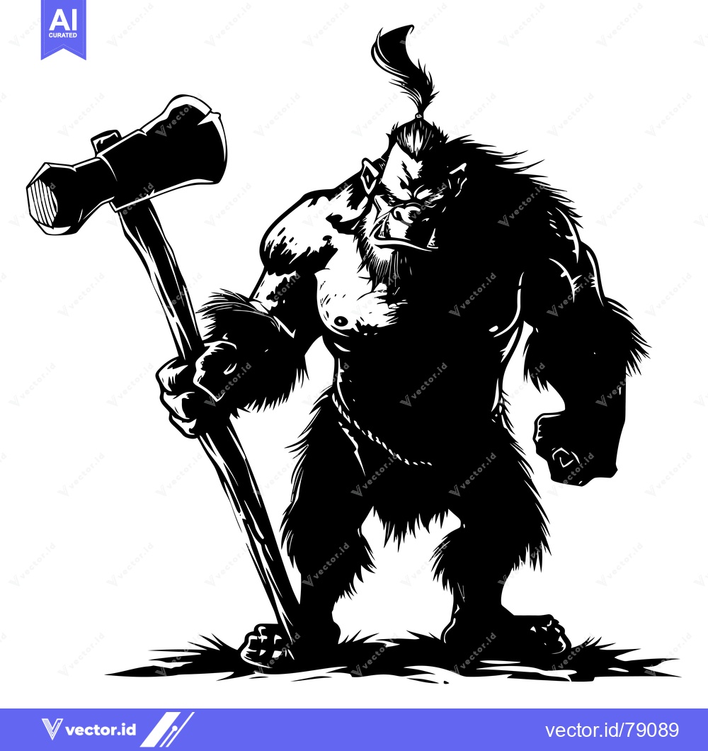 Premium Vector of A Furious, Hairy, Black and White Cartoon Barbarian Holding a Large Ax