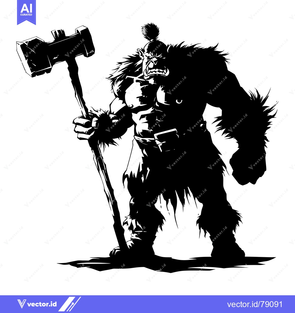 Premium Vector of A fierce, black and white silhouette of an orc wielding a large hammer