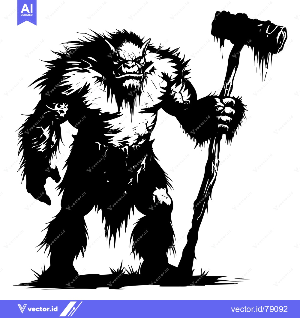 Premium Vector dari A Furry, Muscular Creature With a Club Stands on a Grassy Terrain