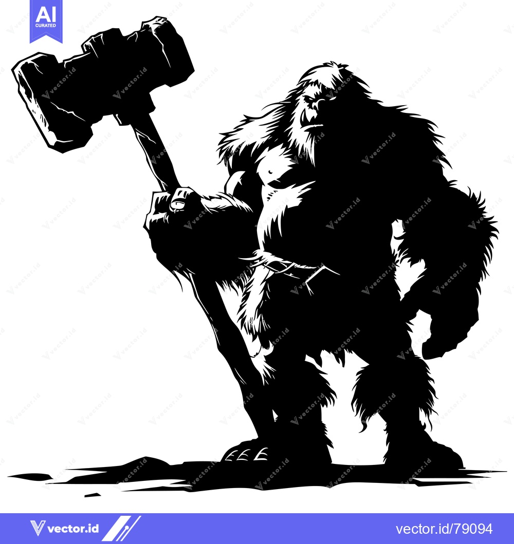 Premium Vector dari Silhouette of a Bigfoot Holding a Large Stone Hammer