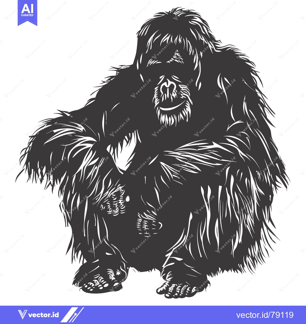 Premium Vector of A Black and White Illustration of a Sitting Orangutan