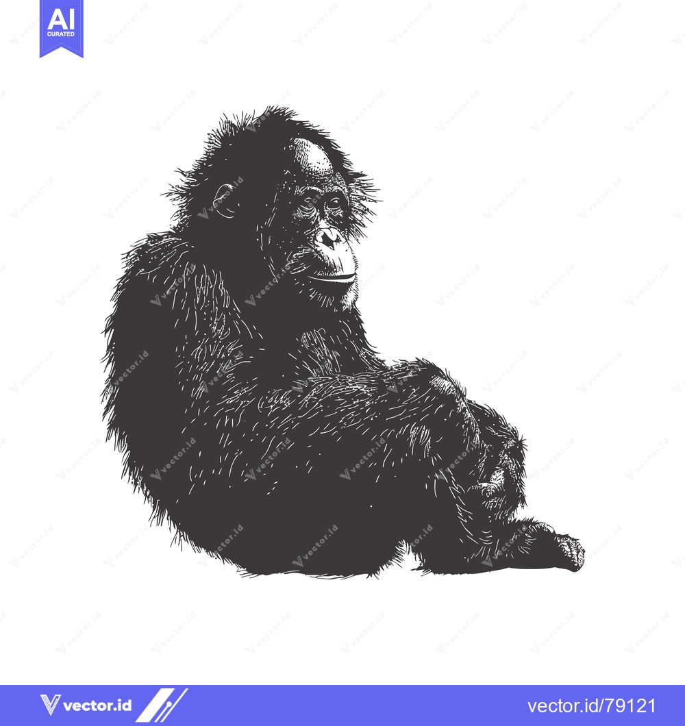 Premium Vector of A Black and White Illustration of a Sitting Orangutan
