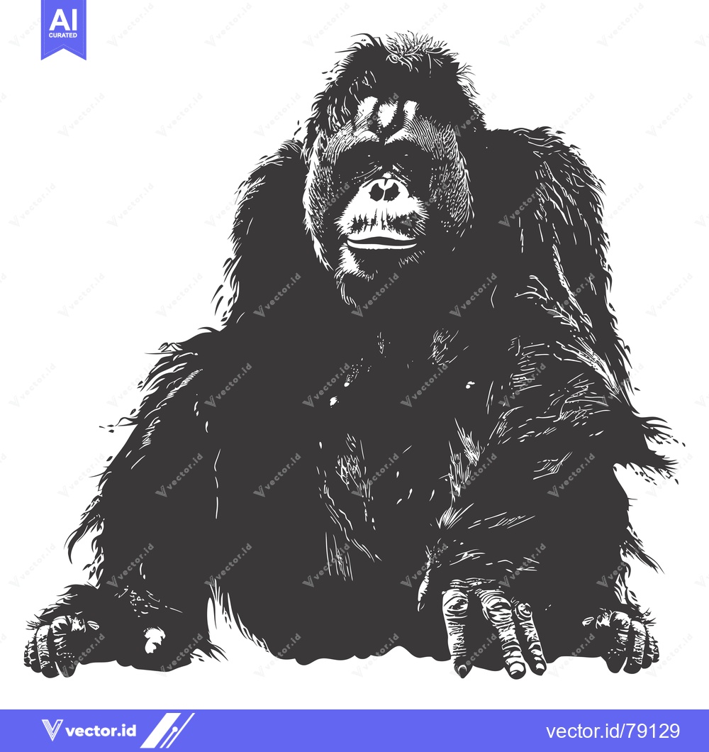 Premium Vector dari Black and White Illustration of a Sitting Orangutan
