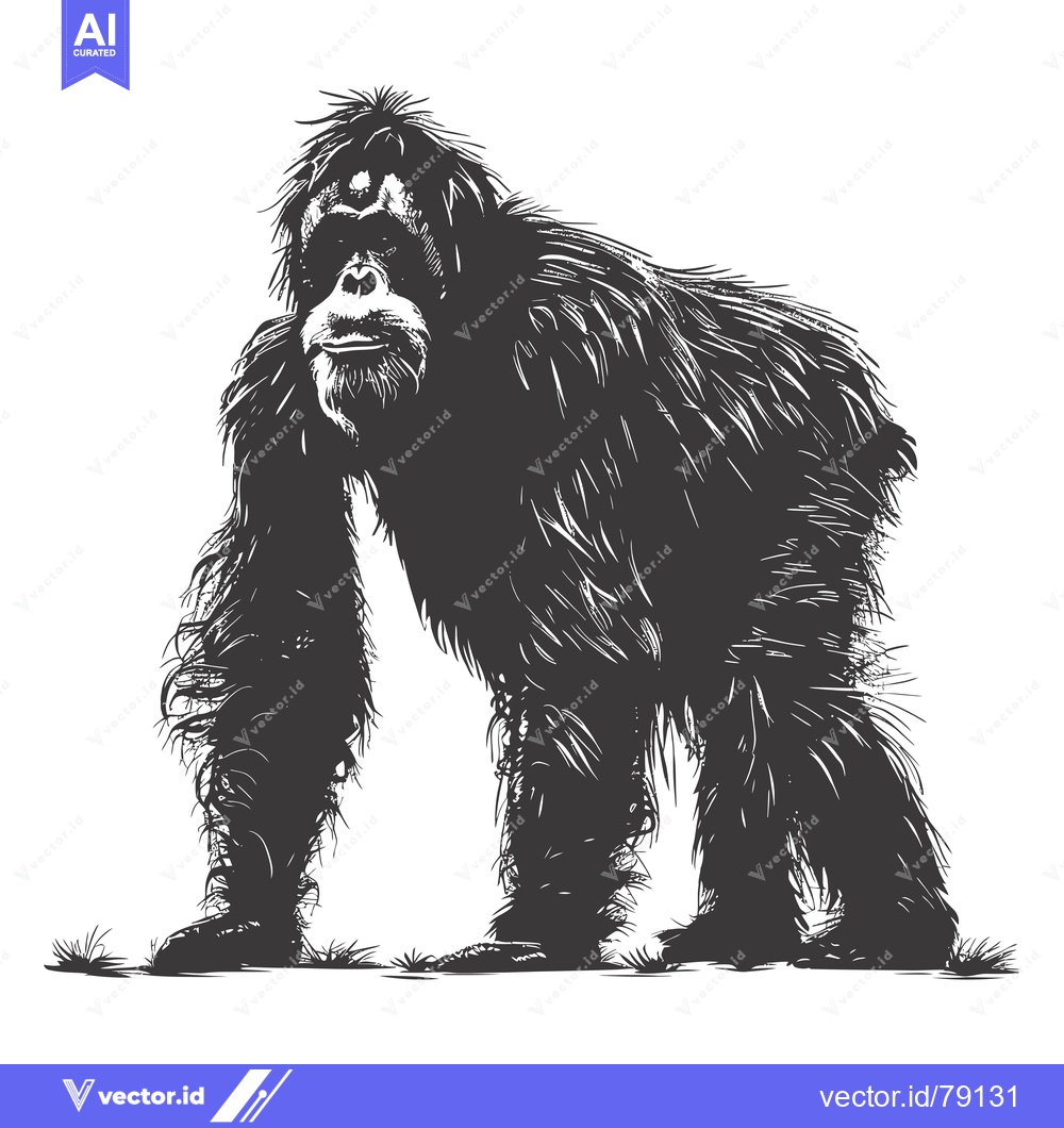 Premium Vector dari A Black and White Sketch of an Orangutan Standing in a Grassy Area
