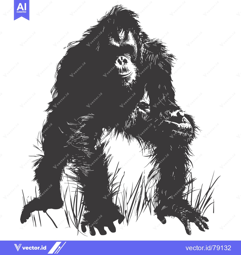 Premium Vector dari Black and White Illustration of a Large Orangutan in the Grass