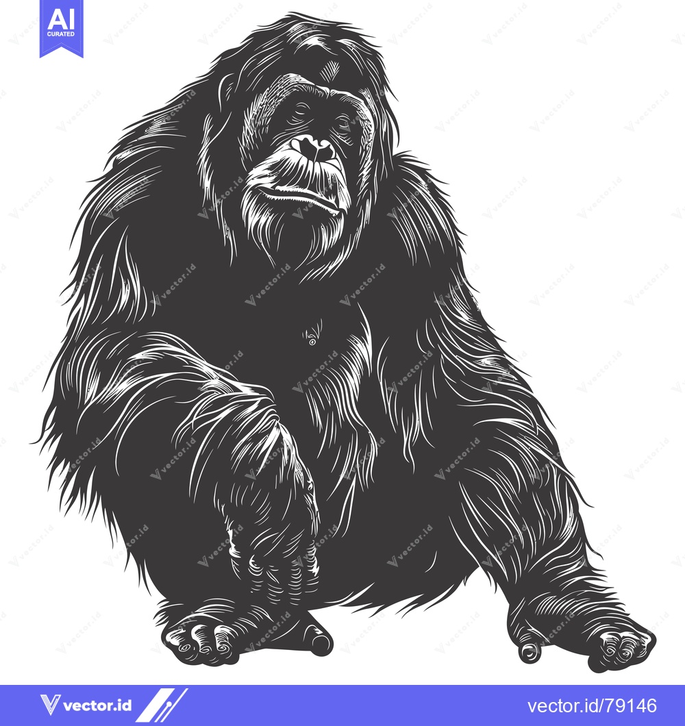 Premium Vector of Black and White Illustration of a Sitting Orangutan