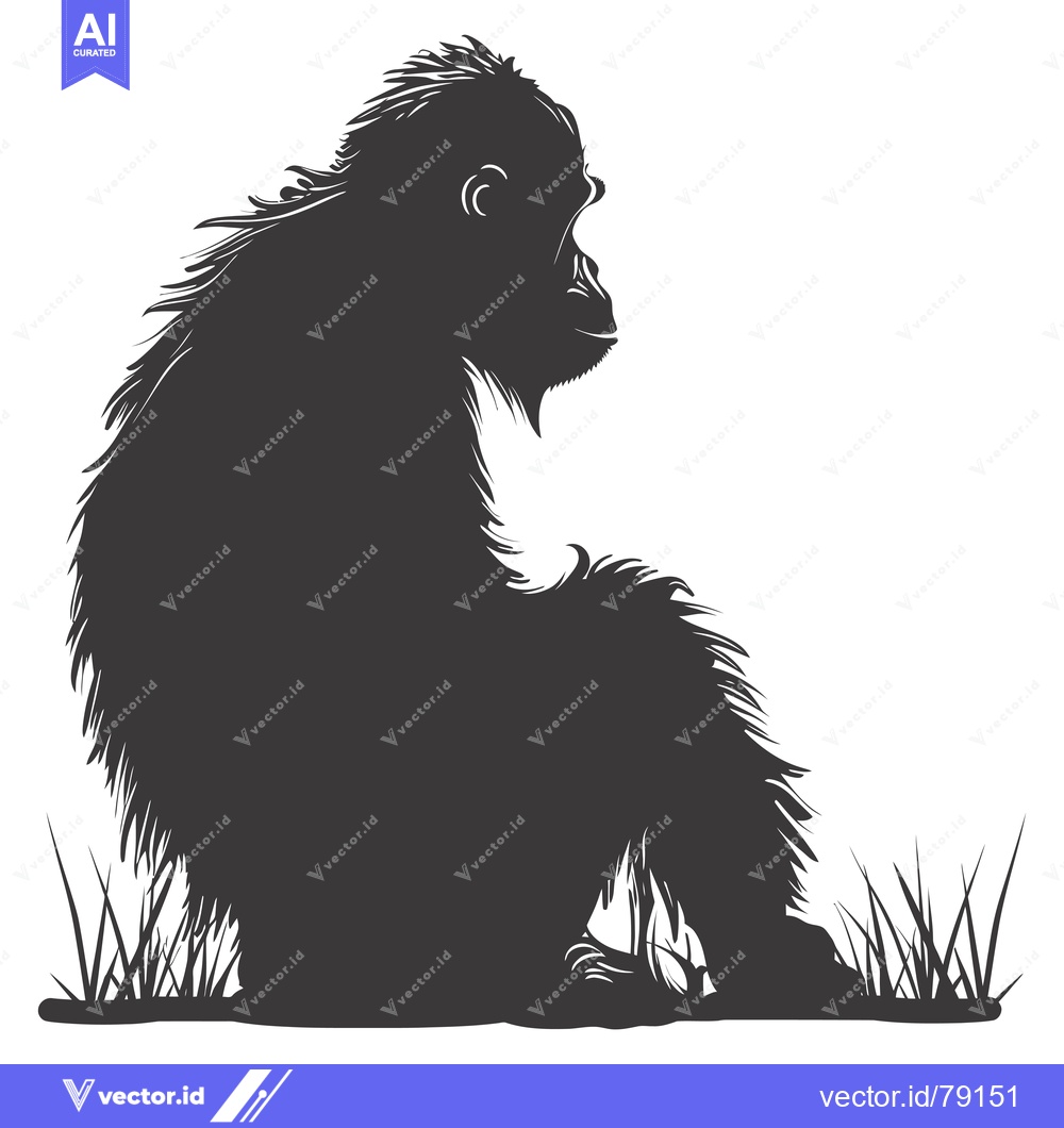 Premium Vector dari Silhouette of a Sitting Chimpanzee in Grass