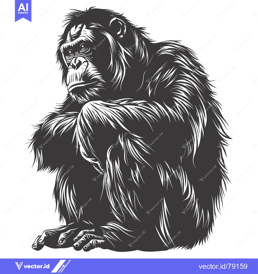 Premium Vector of Black and White Illustration of a Sitting Chimpanzee