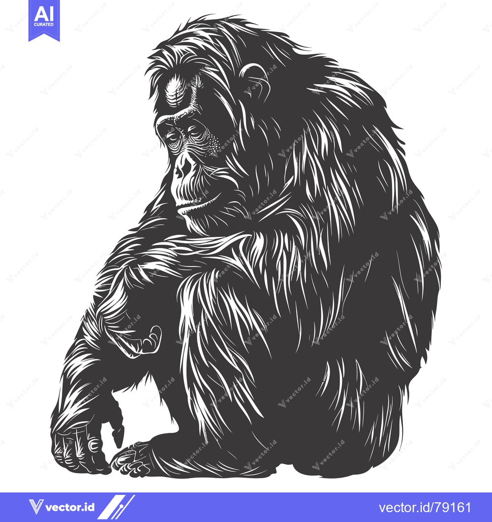 Premium Vector of A Black and White Illustration of a Sitting Orangutan