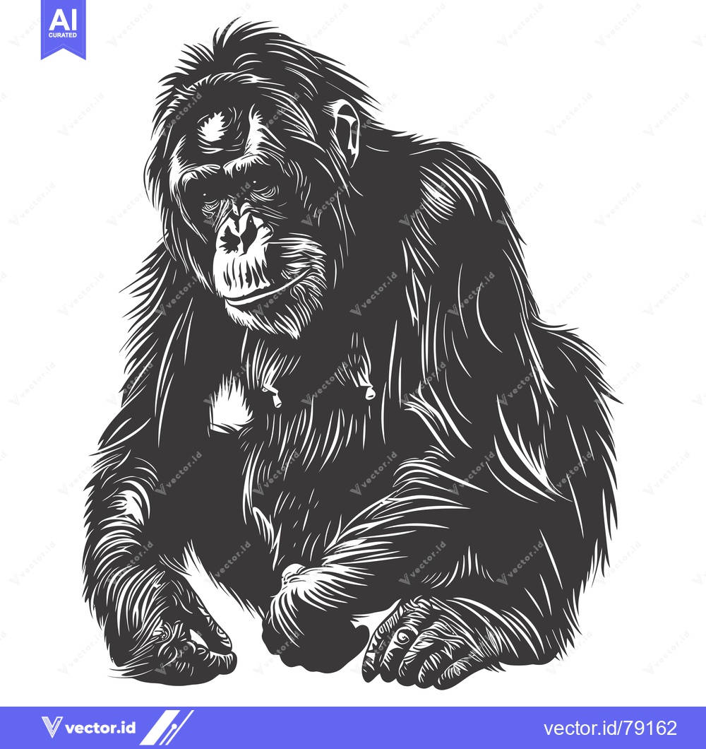 Premium Vector dari Black and White Illustration of a Sitting Chimpanzee