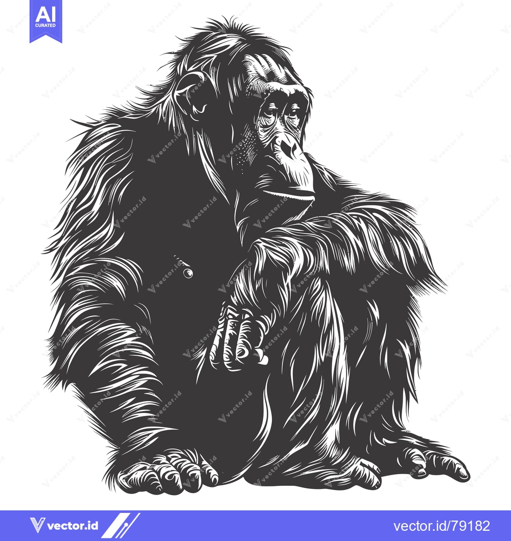Premium Vector dari Black and White Illustration of a Sitting Chimpanzee