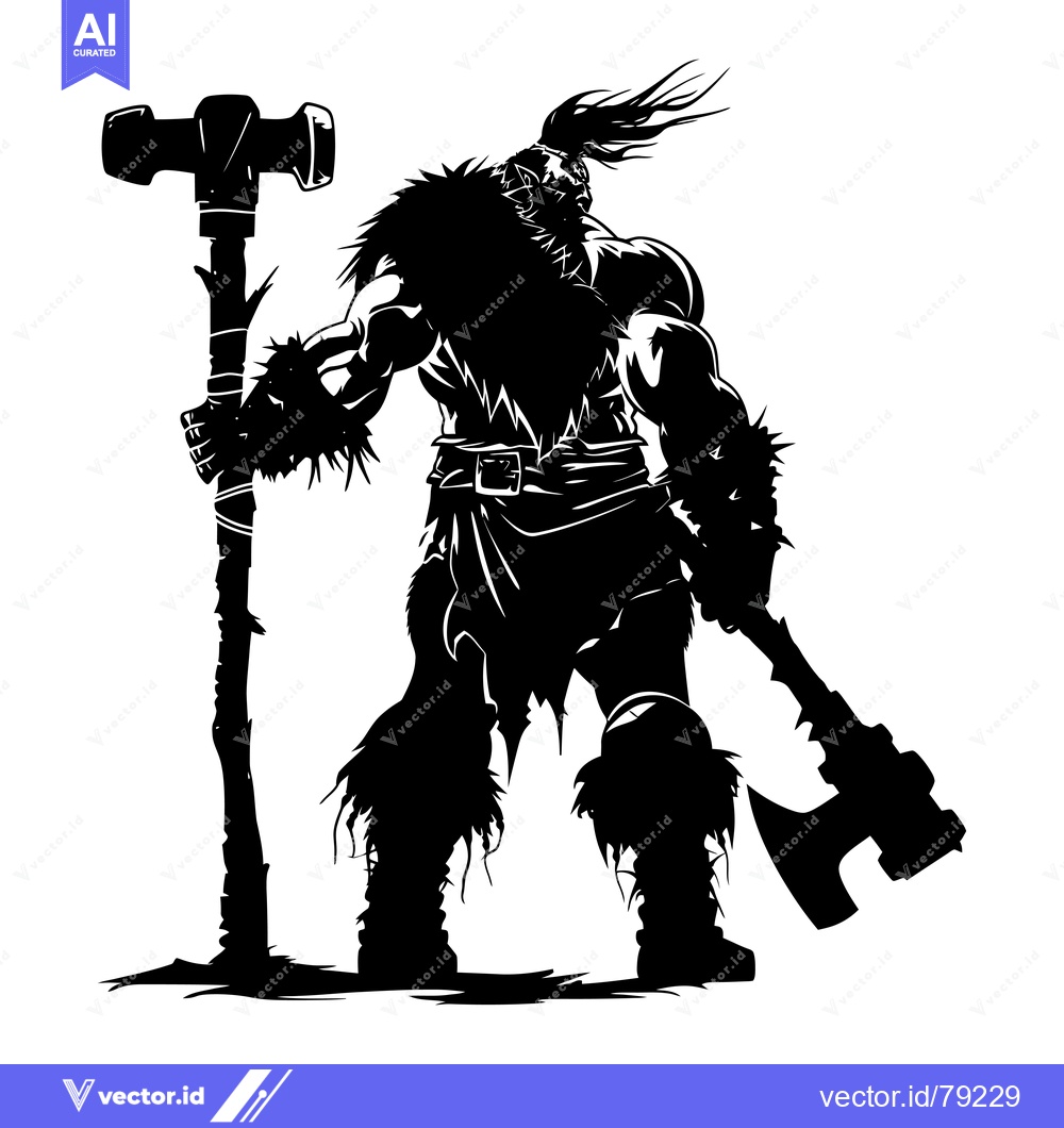 Premium Vector dari Silhouette of a Powerful Warrior Holding a Large Hammer and Axe