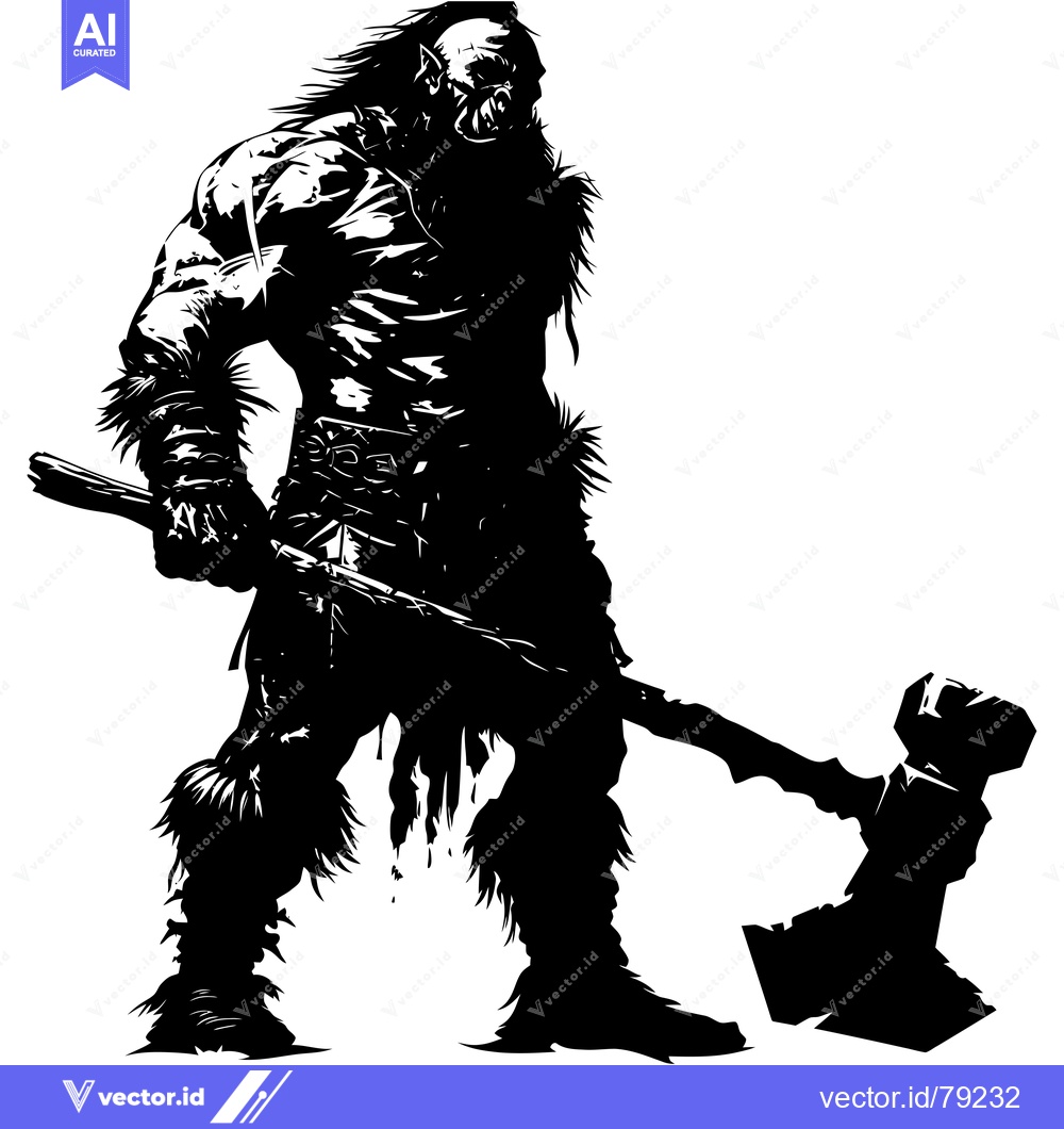 Premium Vector of A Black and White Silhouette of a Ferocious Orc Warrior Holding a Mass
