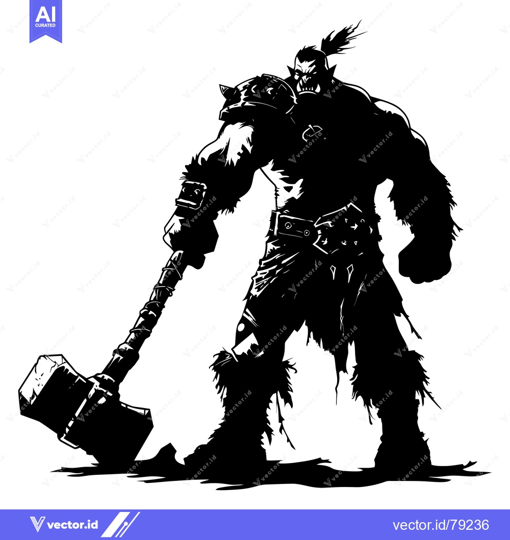 Premium Vector of Black and White Silhouette of a Large Orc Warrior Holding a Hammer