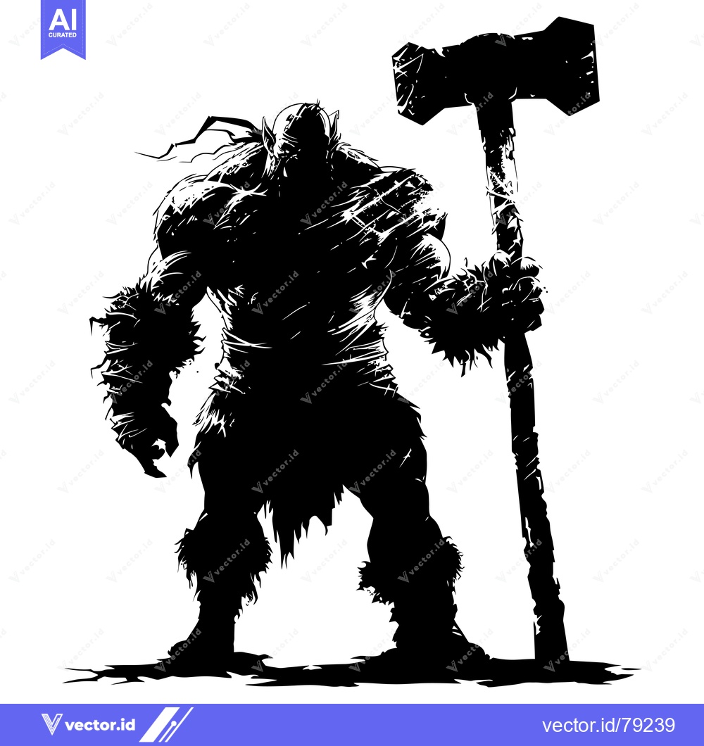 Premium Vector dari Silhouette of a Muscular, Furry Creature Holding a Large Hammer