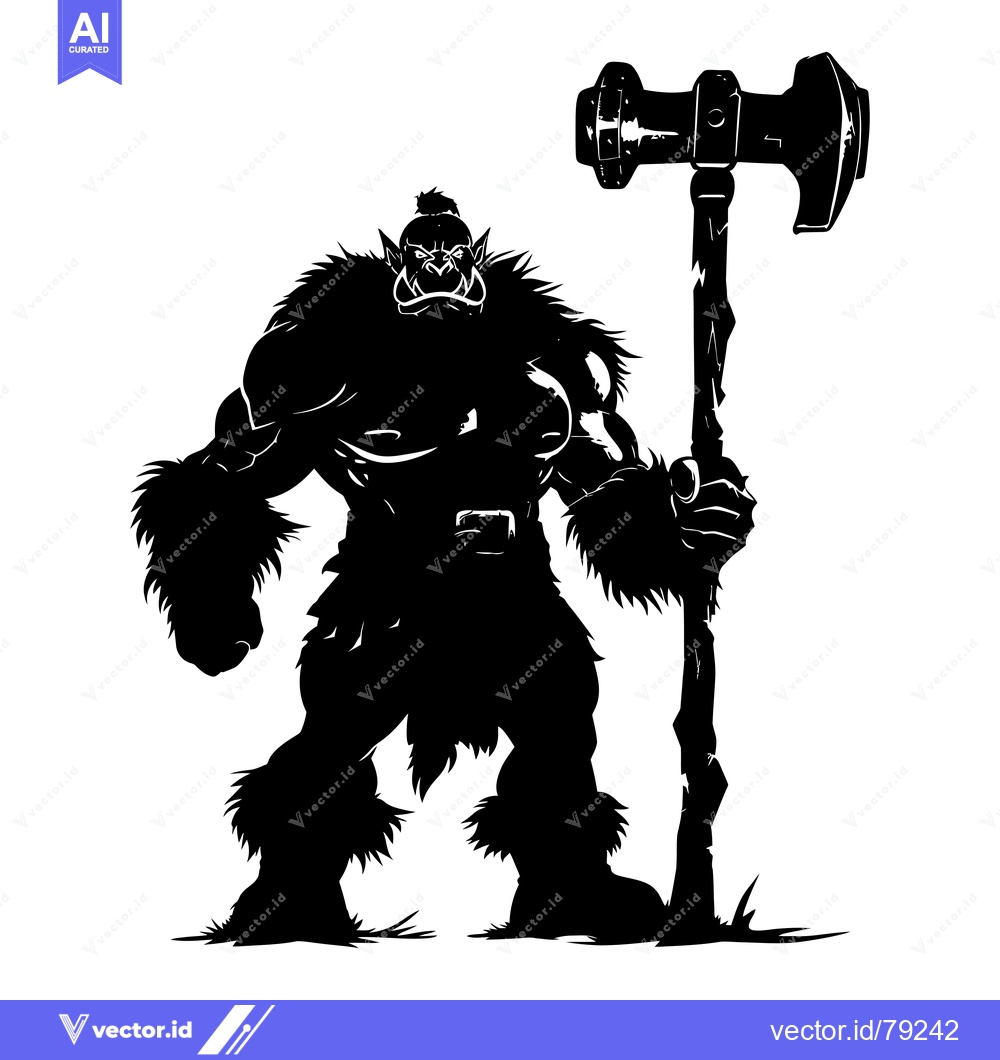 Premium Vector of Black and White Silhouette of a Muscular Orc Holding a Large Hammer