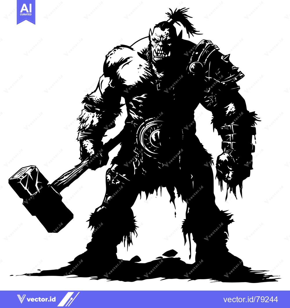 Premium Vector dari A Black and White Silhouette of an Orc Warrior Holding a Large Hammer