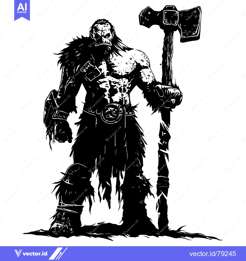 Premium Vector of A Black and White Illustration of a Muscular, Furry Orc Holding an Axe
