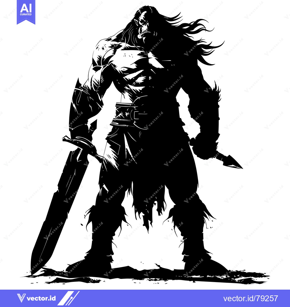 Premium Vector dari Silhouette of a Muscular Orc Warrior Holding a Sword and Dagger