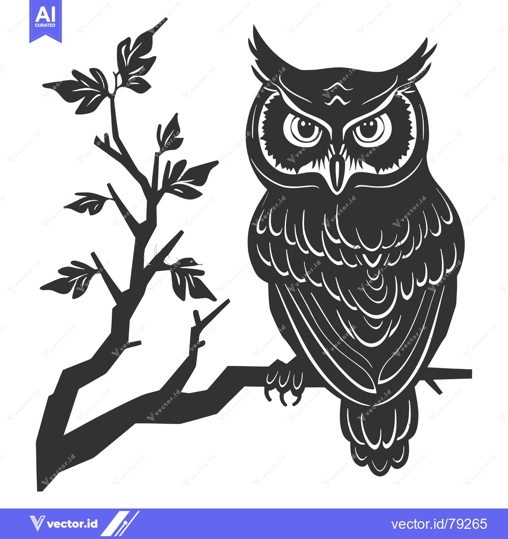 Premium Vector dari A Black and White Silhouette of an Owl Perched on a Branch
