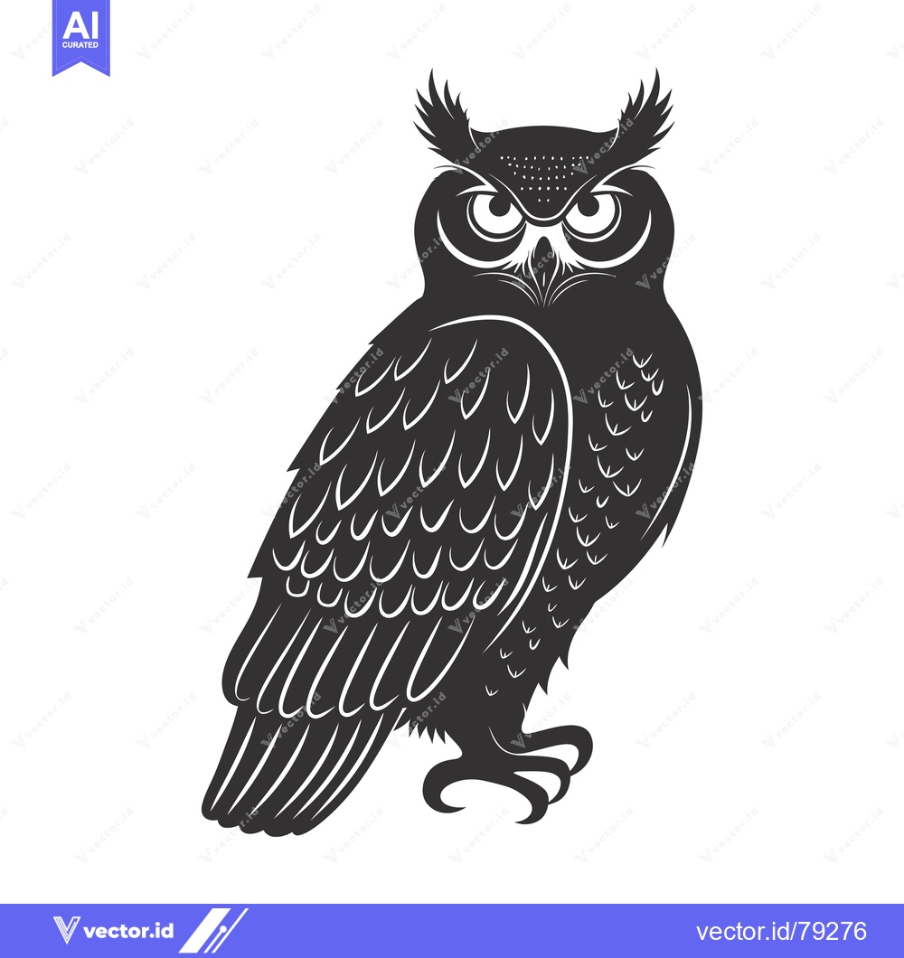 Premium Vector of Black and White Illustration of a Standing Owl