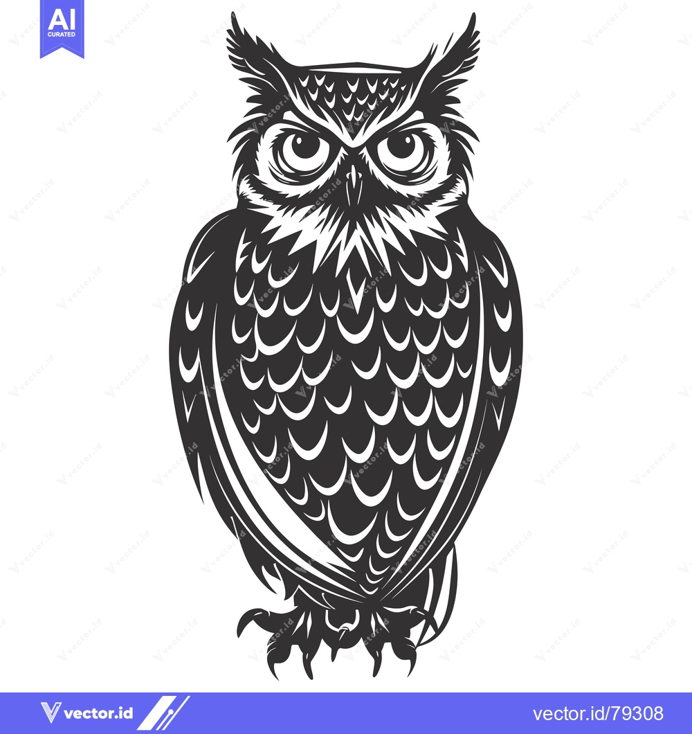 Premium Vector of Black and White Illustration of a Fierce Owl with Detailed Feathers
