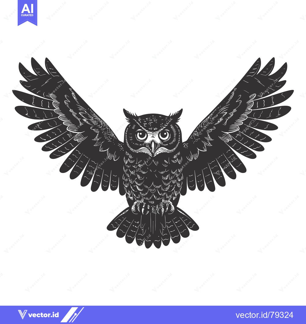 Premium Vector dari A Black and White Sketch of an Owl in Flight with Wings Spread Wide