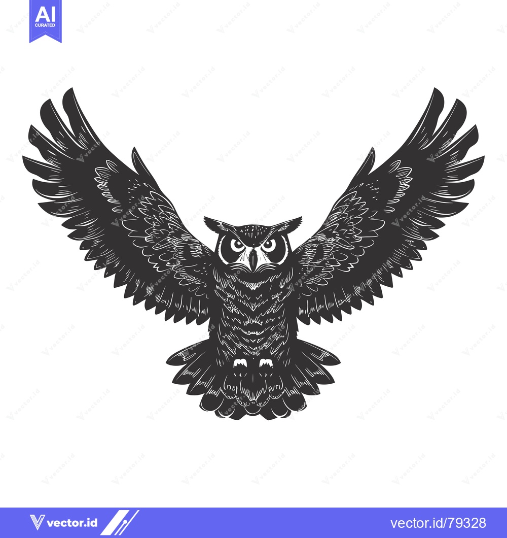 Premium Vector dari Black and White Illustration of an Owl with Spread Wings