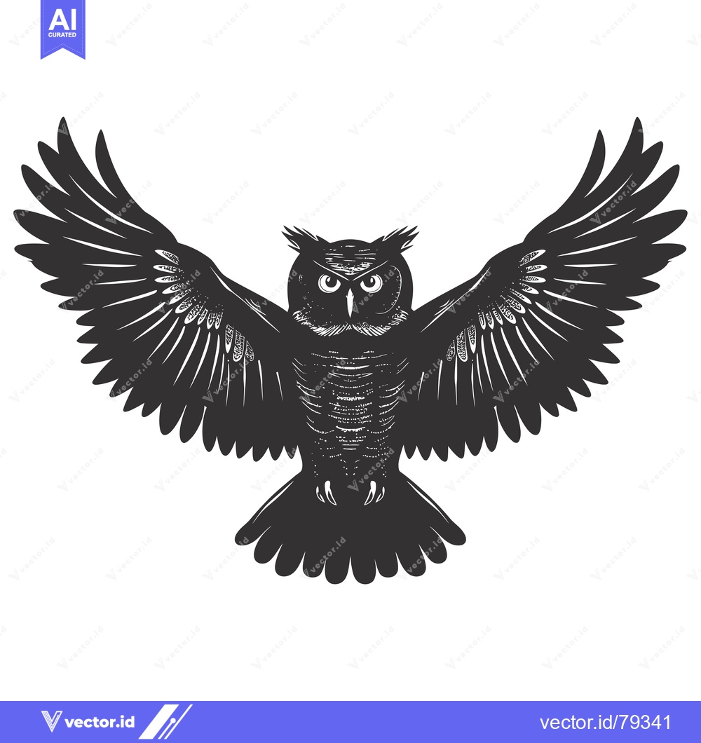 Premium Vector of Black and White Illustration of an Owl with Spread Wings