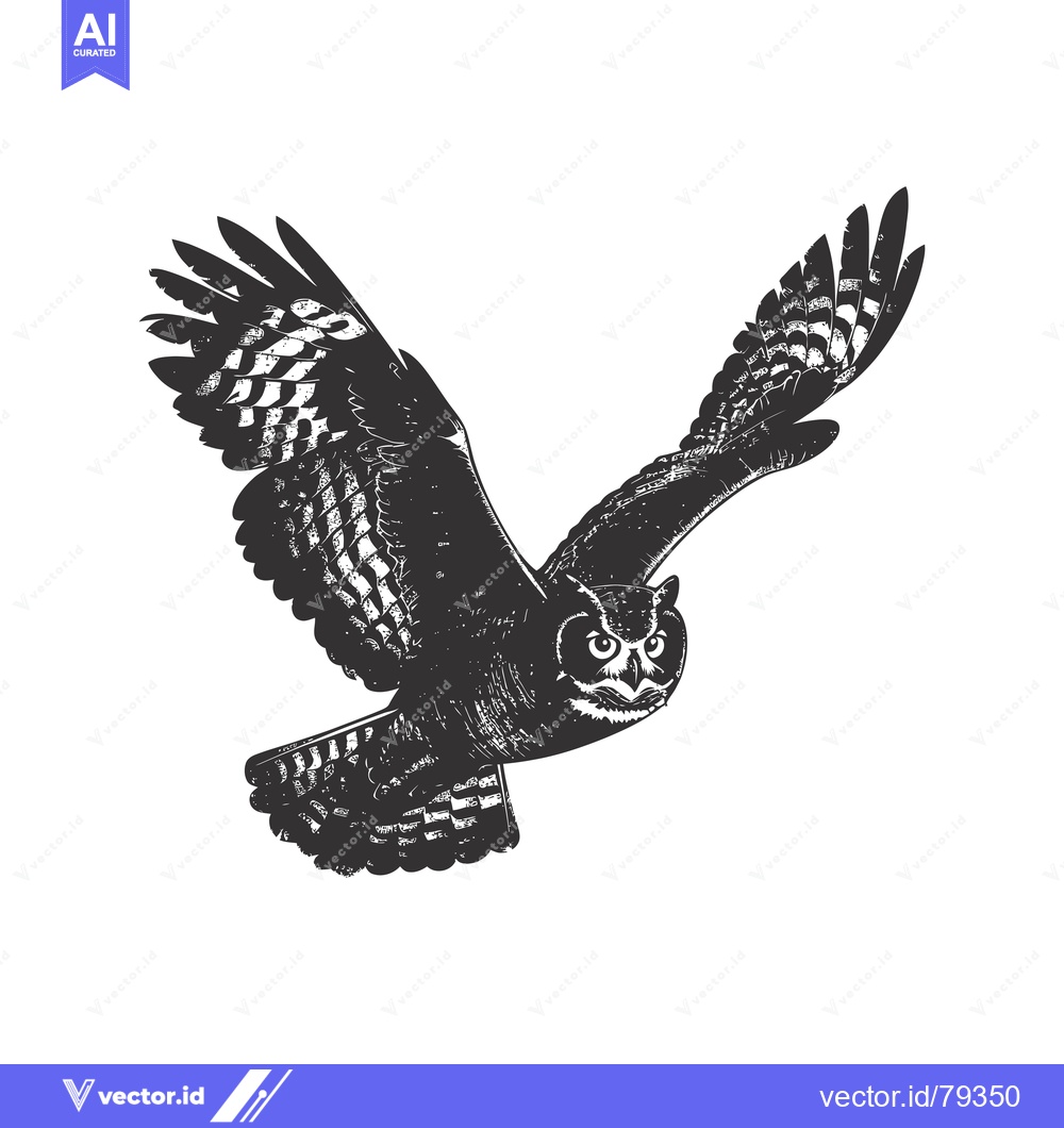 Premium Vector of Black and White Illustration of a Flying Owl with Spread Wings