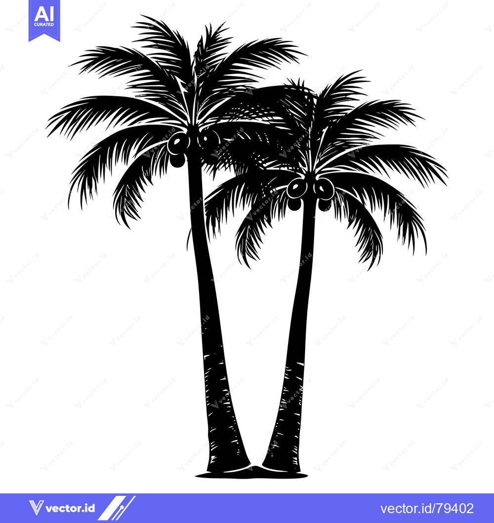 Premium Vector dari Black and White Silhouette of Two Palm Trees with Coconuts