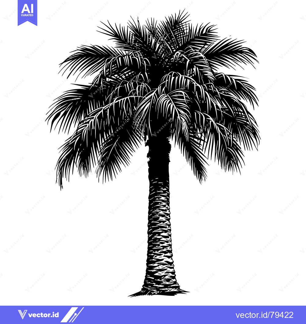 Premium Vector dari Black and White Illustration of a Palm Tree with Detailed Trunk and Fr