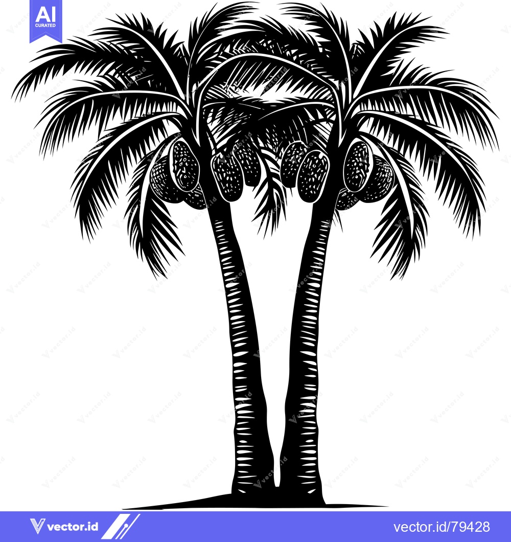 Premium Vector of Black and White Illustration of Two Palm Trees with Coconuts